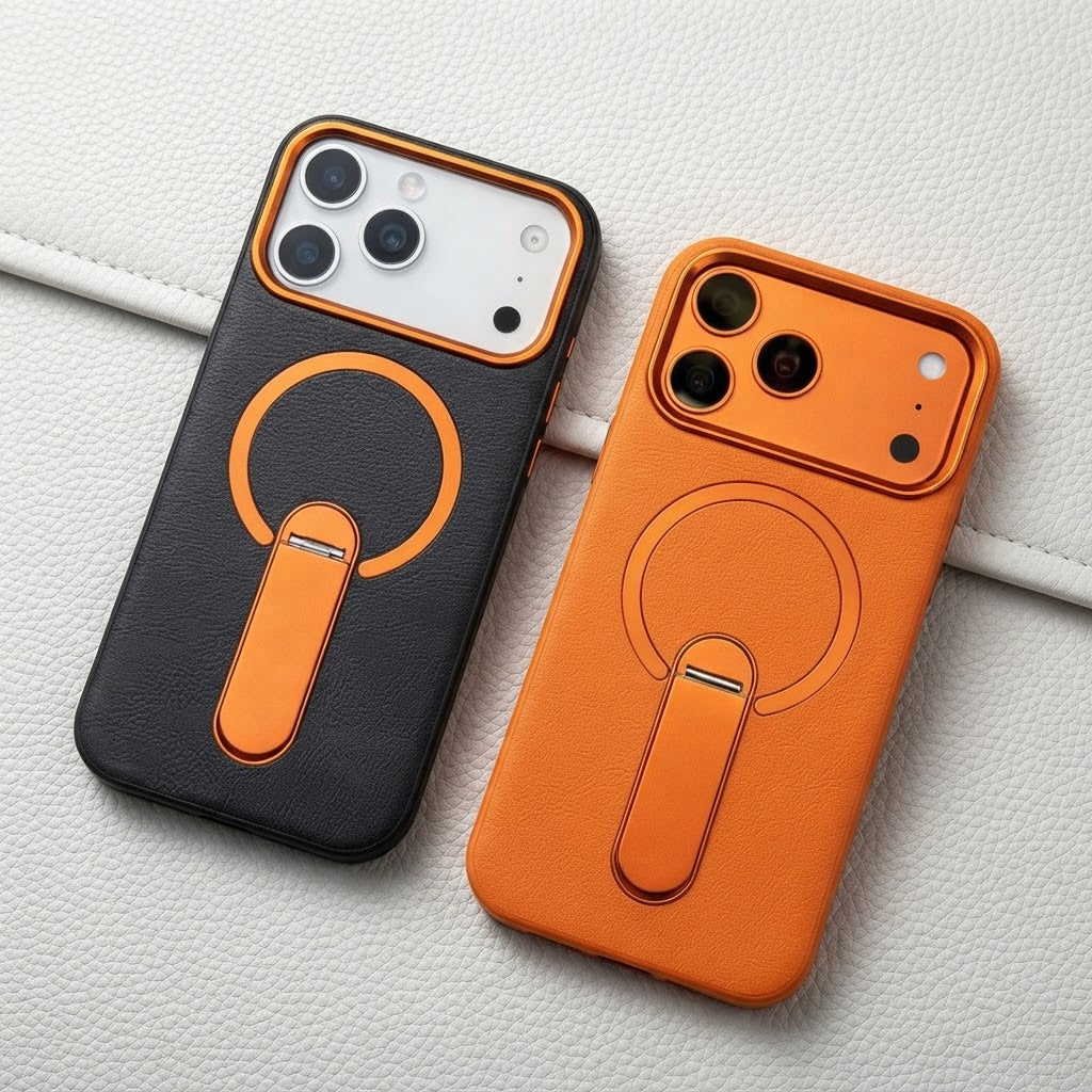 Custodia in Pelle per iPhone con Supporto Magnetico Invisibile Rotante a 360°