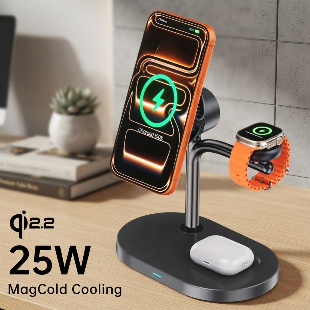 Stazione di Ricarica Wireless 3 in 1 con Raffreddamento Magnetico 25W (Qi2.2)