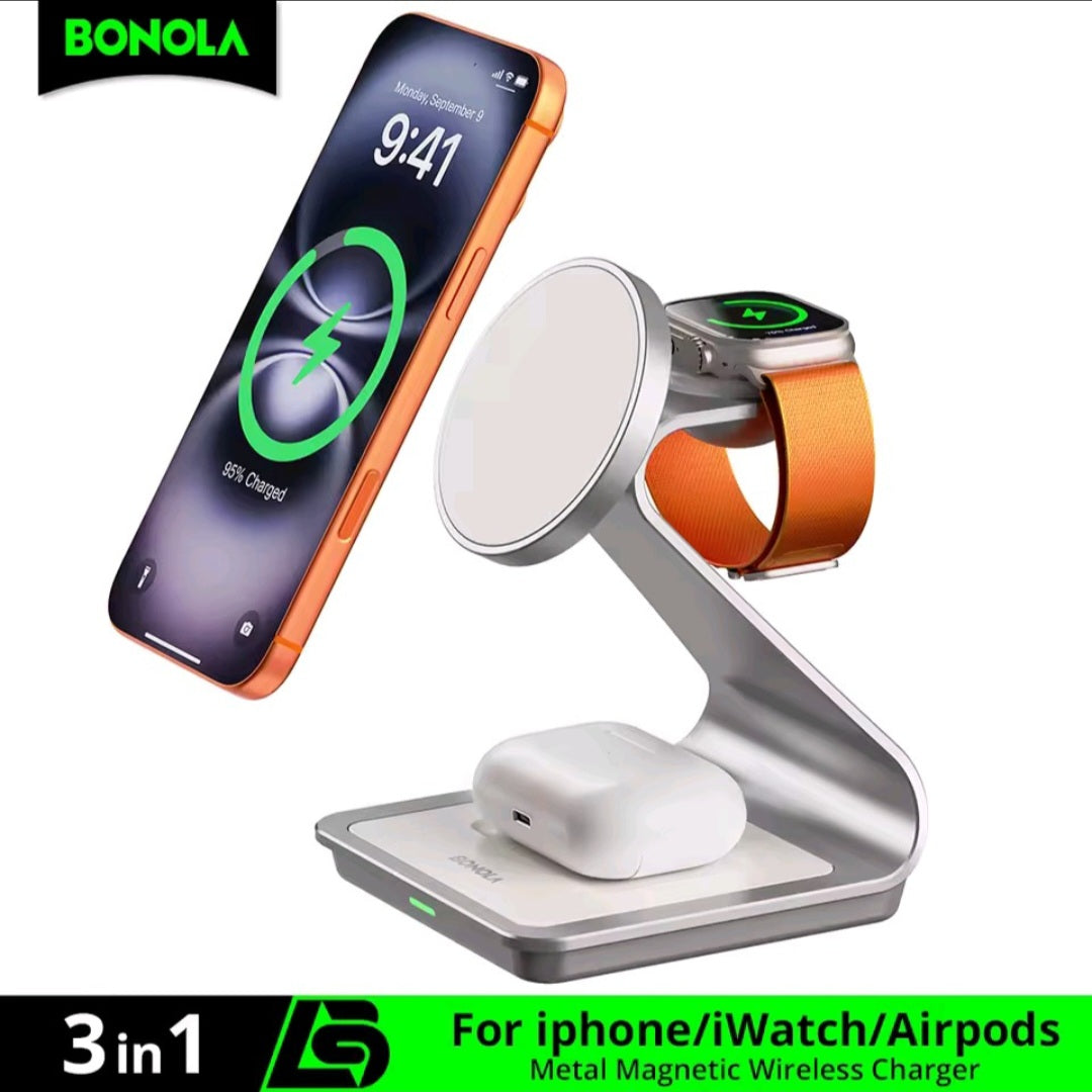 Bonola Stazione di Ricarica Wireless Magnetica 3 in 1 per iPhone, Apple Watch e AirPods