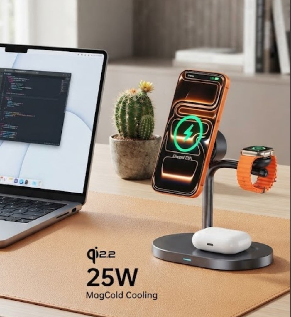 Stazione di Ricarica Wireless 3 in 1 con Raffreddamento Magnetico 25W (Qi2.2)